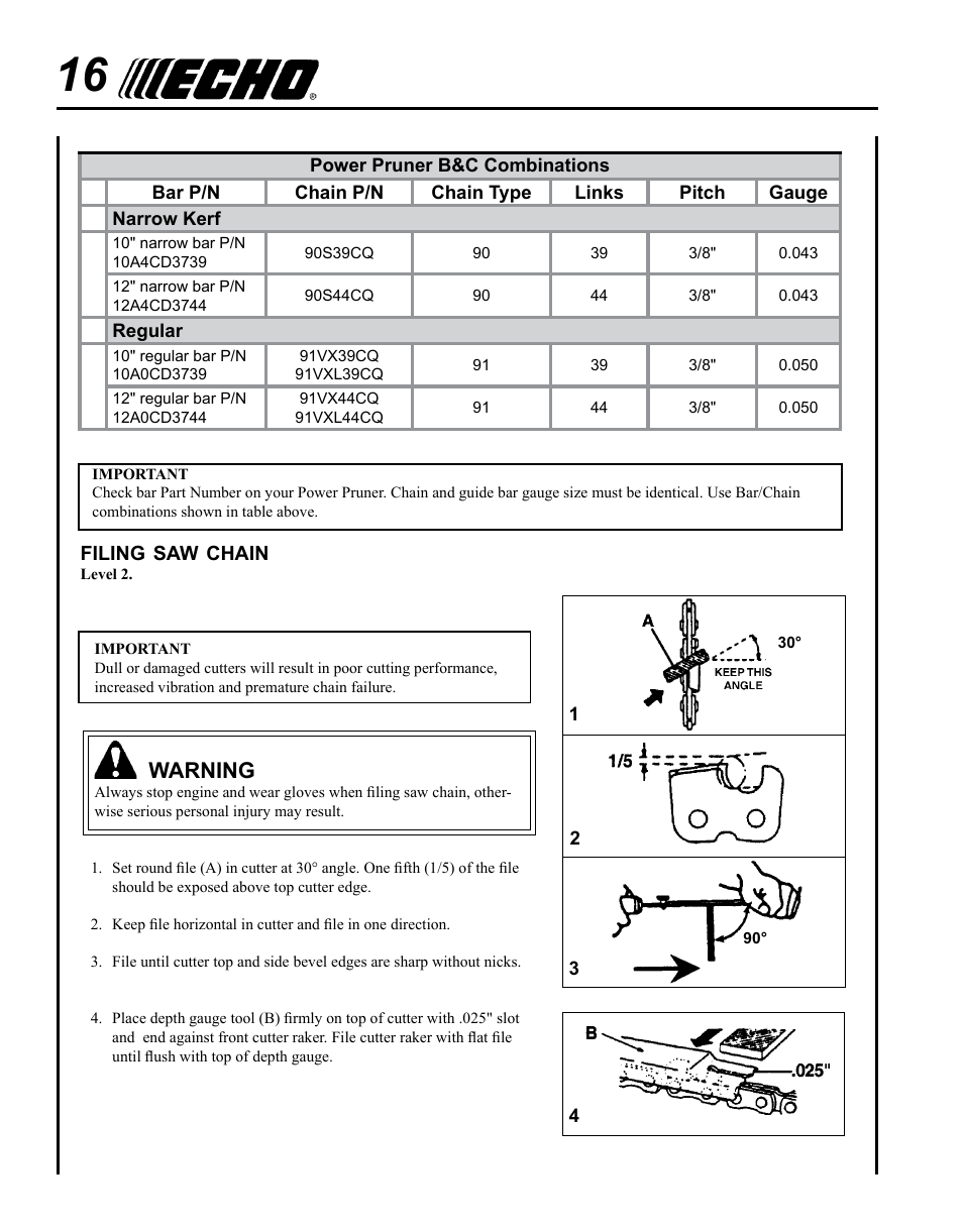 Warning | Echo 99944200532 User Manual | Page 16 / 20