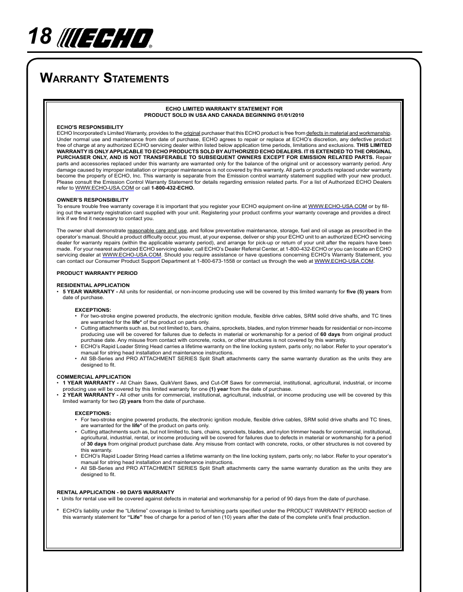 Arranty, Tatements | Echo 99944200532 User Manual | Page 18 / 20