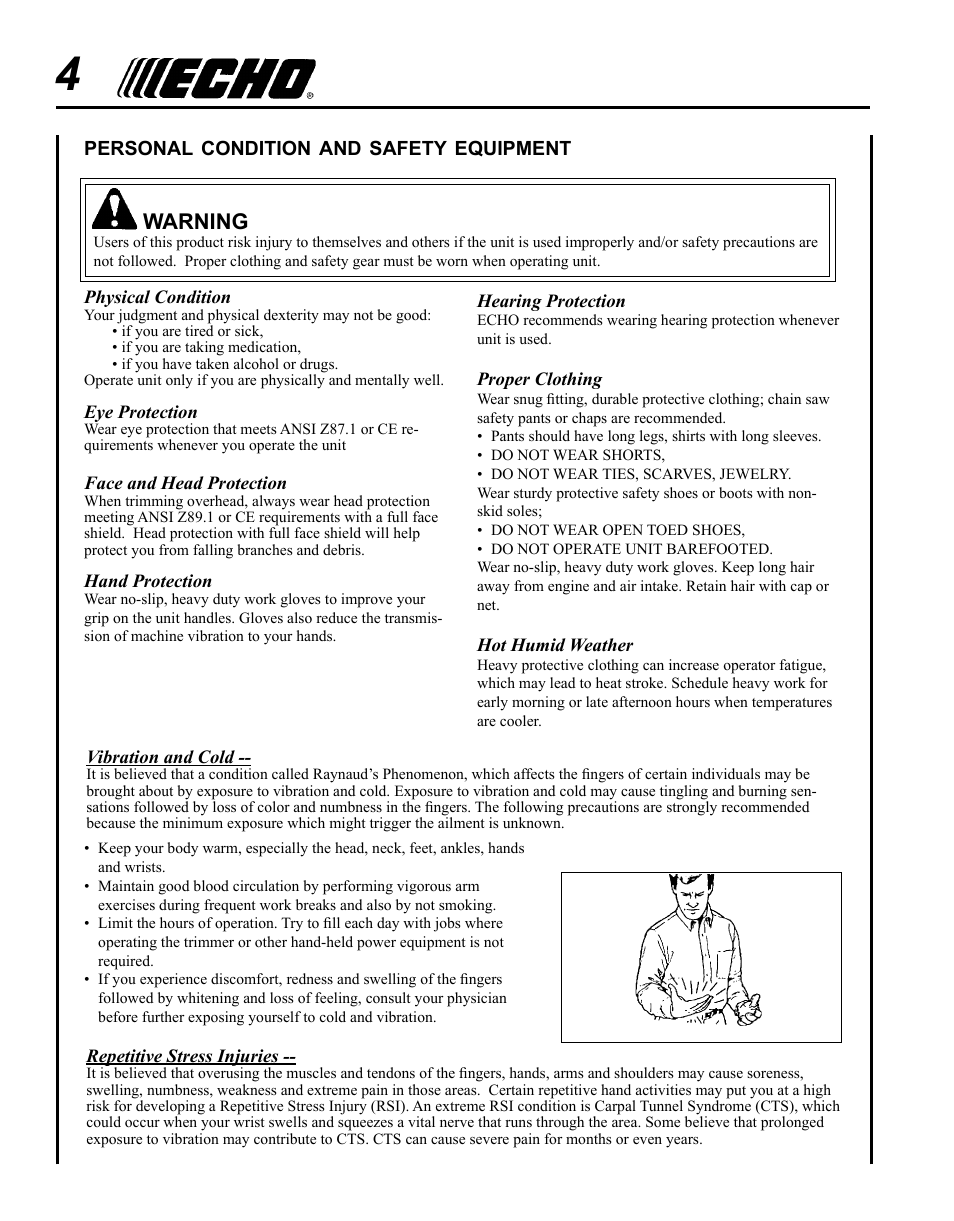 Warning | Echo 99944200532 User Manual | Page 4 / 20