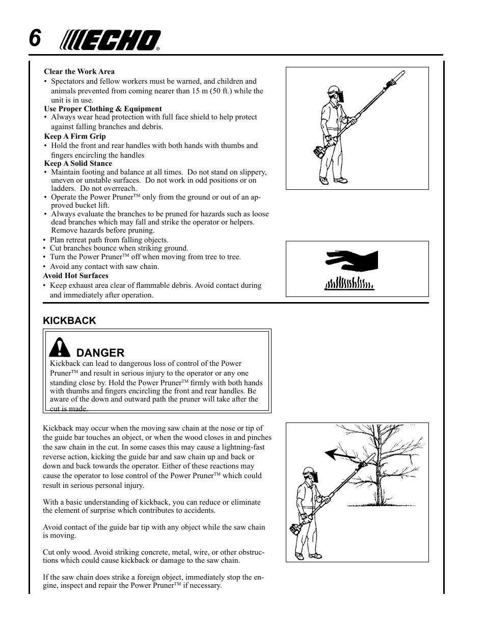 Danger, Kickback | Echo 99944200532 User Manual | Page 6 / 20