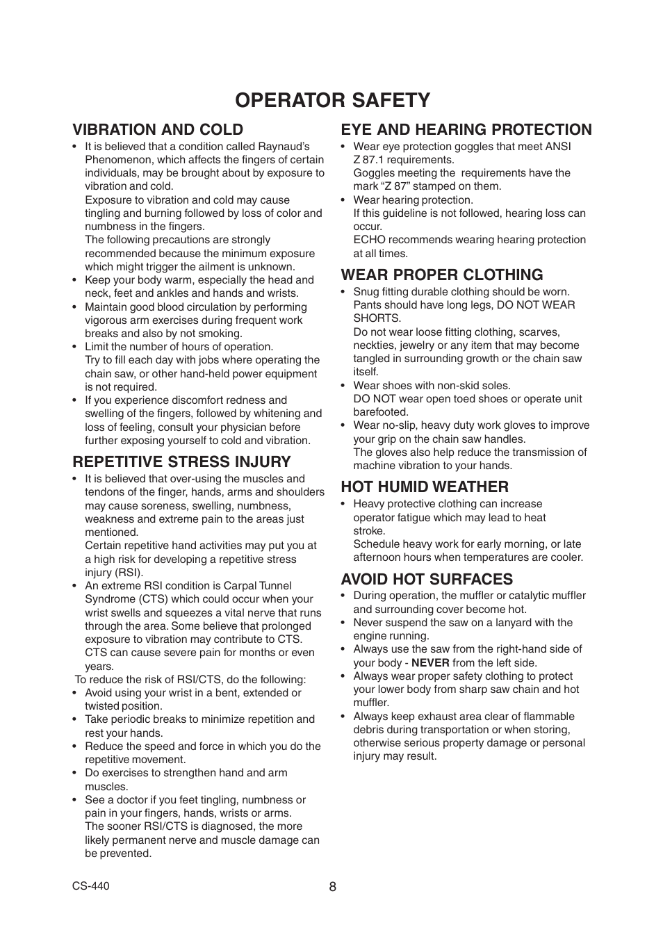 Operator safety, Vibration and cold, Repetitive stress injury | Eye and hearing protection, Wear proper clothing, Hot humid weather, Avoid hot surfaces | Echo CS-440 User Manual | Page 10 / 32