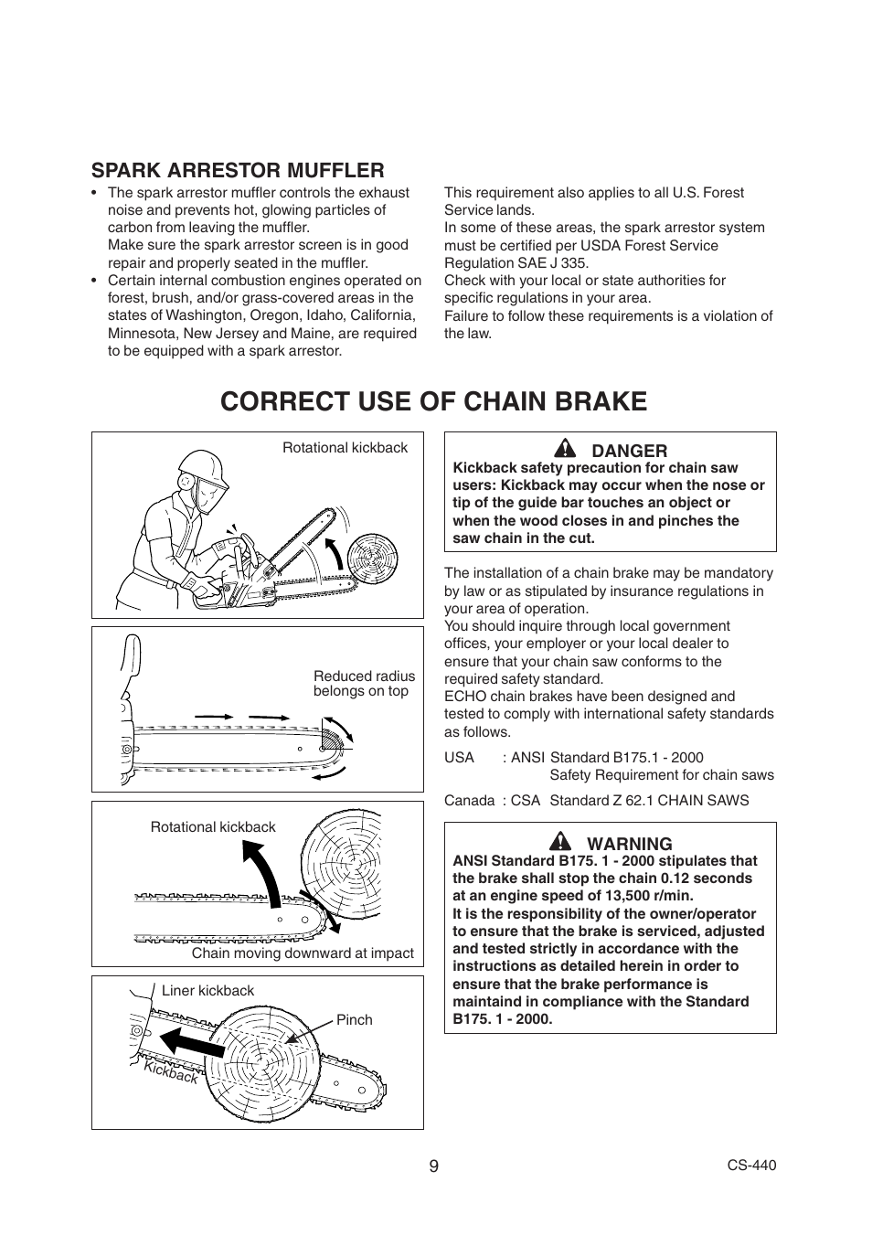 Correct use of chain brake, Spark arrestor muffler | Echo CS-440 User Manual | Page 11 / 32