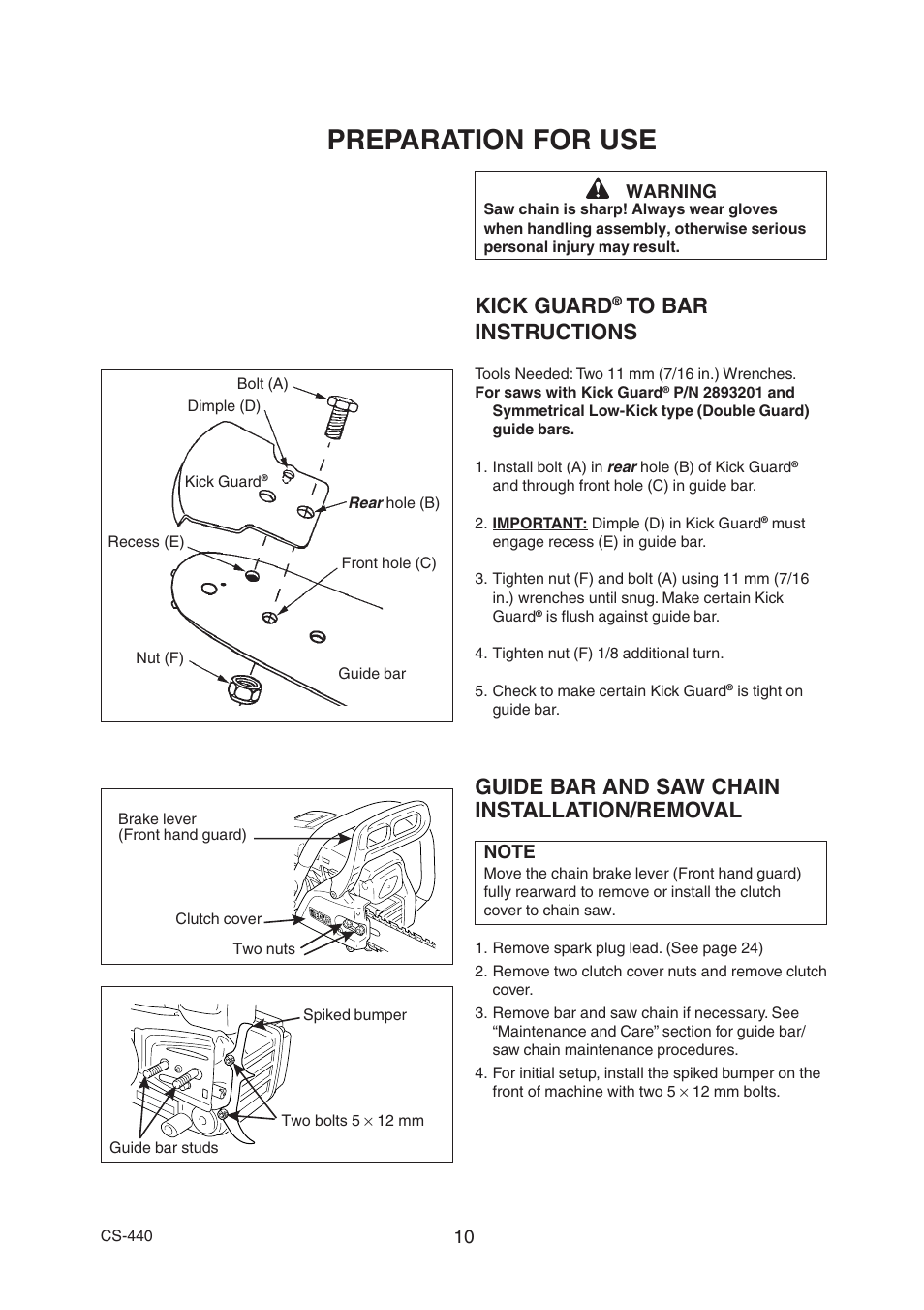 Preparation for use, Kick guard, Guide bar and saw chain installation/removal | Echo CS-440 User Manual | Page 12 / 32