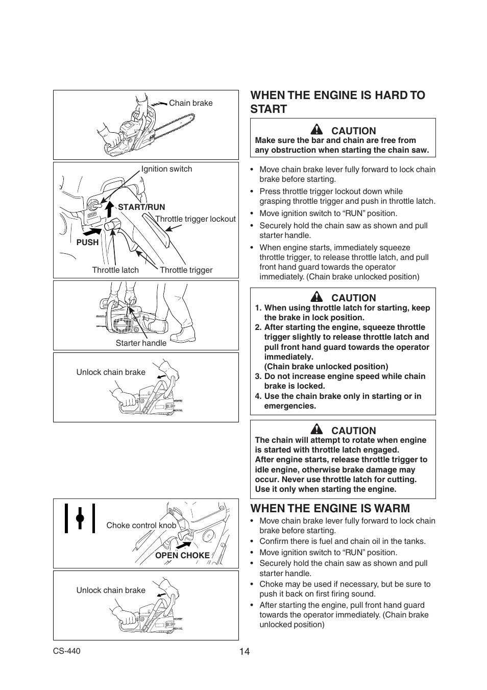 When the engine is warm, When the engine is hard to start | Echo CS-440 User Manual | Page 16 / 32