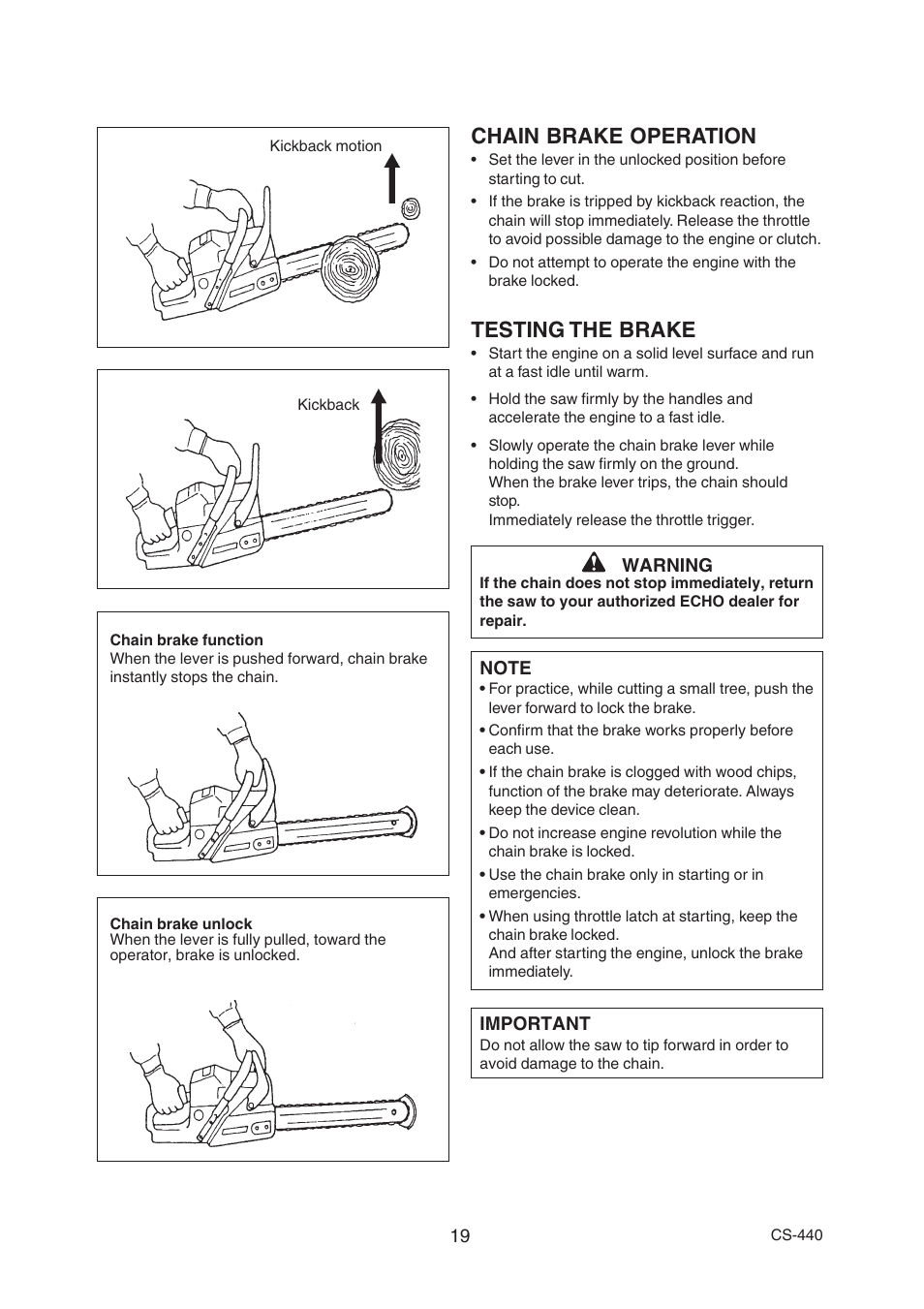 Chain brake operation, Testing the brake | Echo CS-440 User Manual | Page 21 / 32