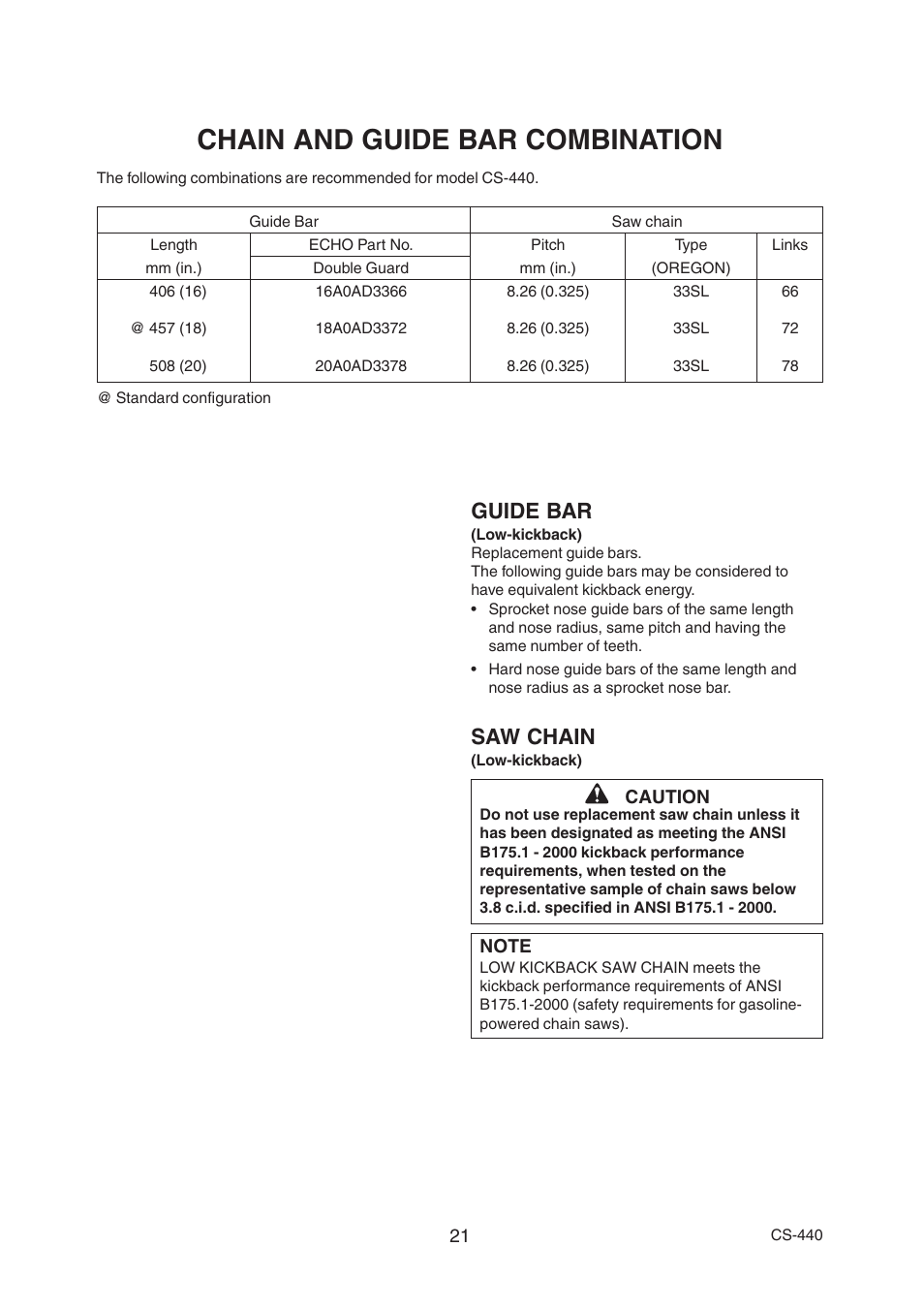 Chain and guide bar combination, Guide bar, Saw chain | Echo CS-440 User Manual | Page 23 / 32