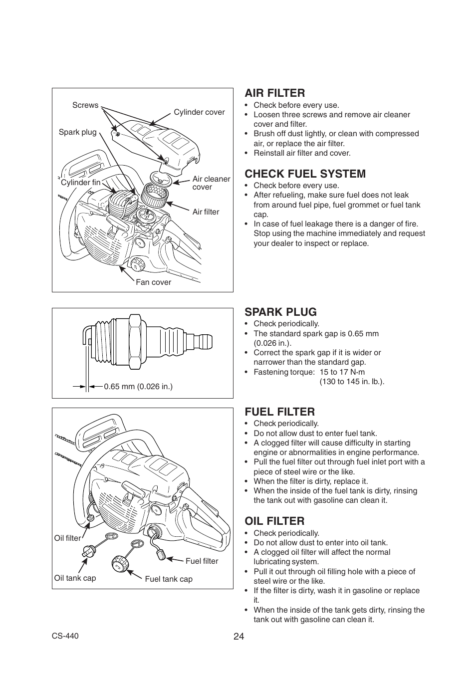 Air filter, Check fuel system, Spark plug | Fuel filter, Oil filter | Echo CS-440 User Manual | Page 26 / 32