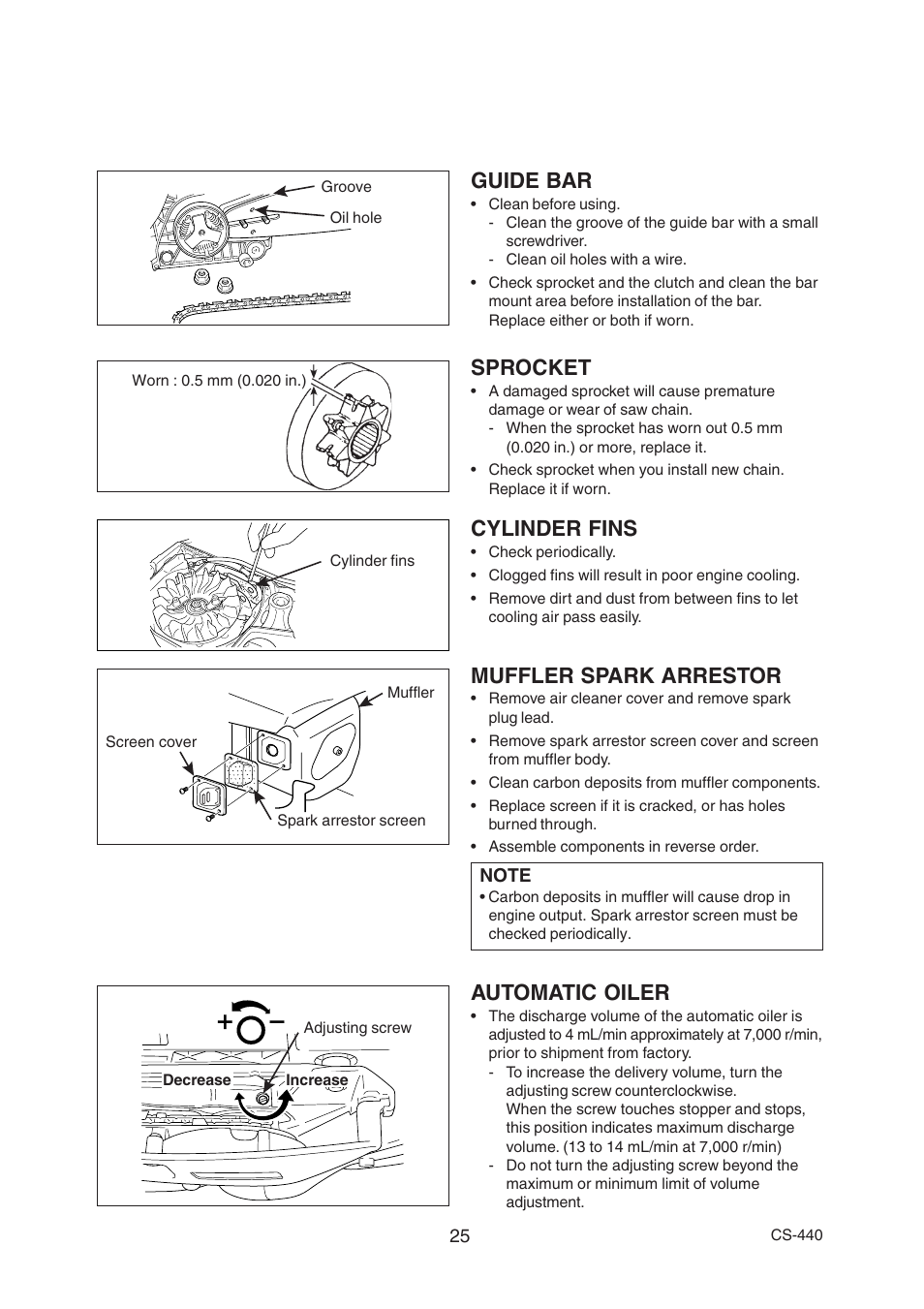 Guide bar, Sprocket, Cylinder fins | Muffler spark arrestor, Automatic oiler | Echo CS-440 User Manual | Page 27 / 32