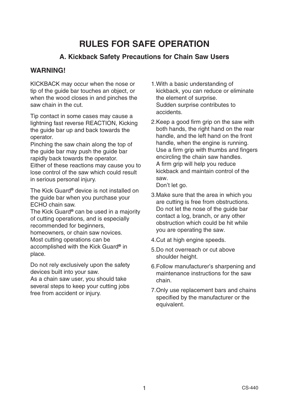 Rules for safe operation | Echo CS-440 User Manual | Page 3 / 32