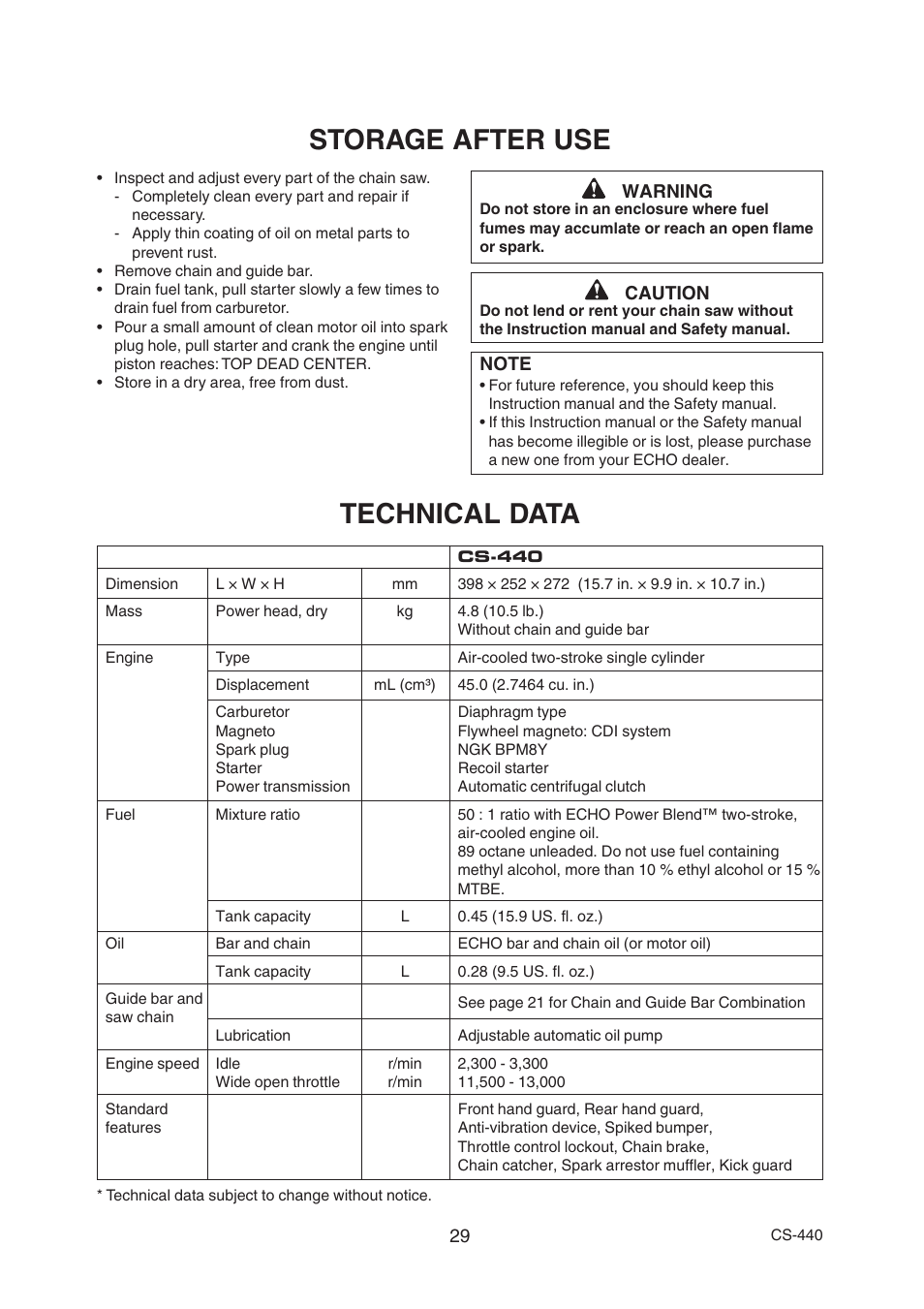 Storage after use, Technical data | Echo CS-440 User Manual | Page 31 / 32