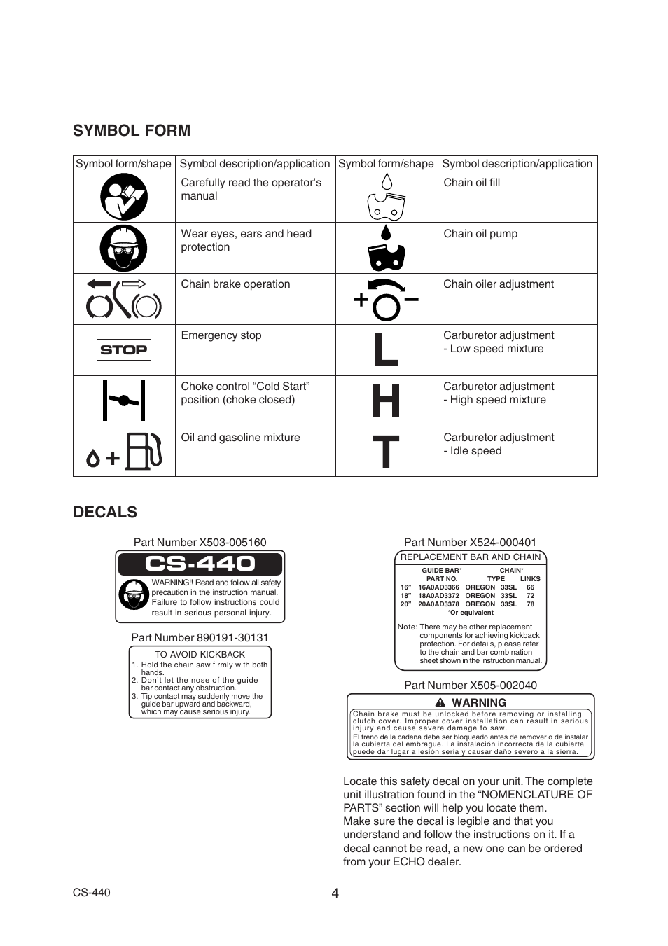 Cs-440, Decals, Symbol form | Stop | Echo CS-440 User Manual | Page 6 / 32