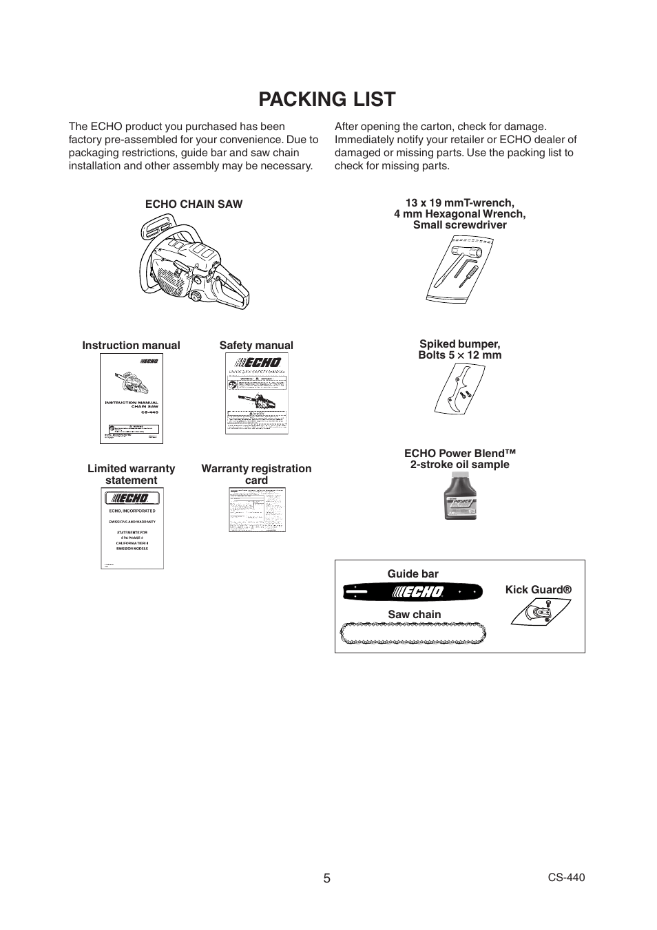 Packing list | Echo CS-440 User Manual | Page 7 / 32