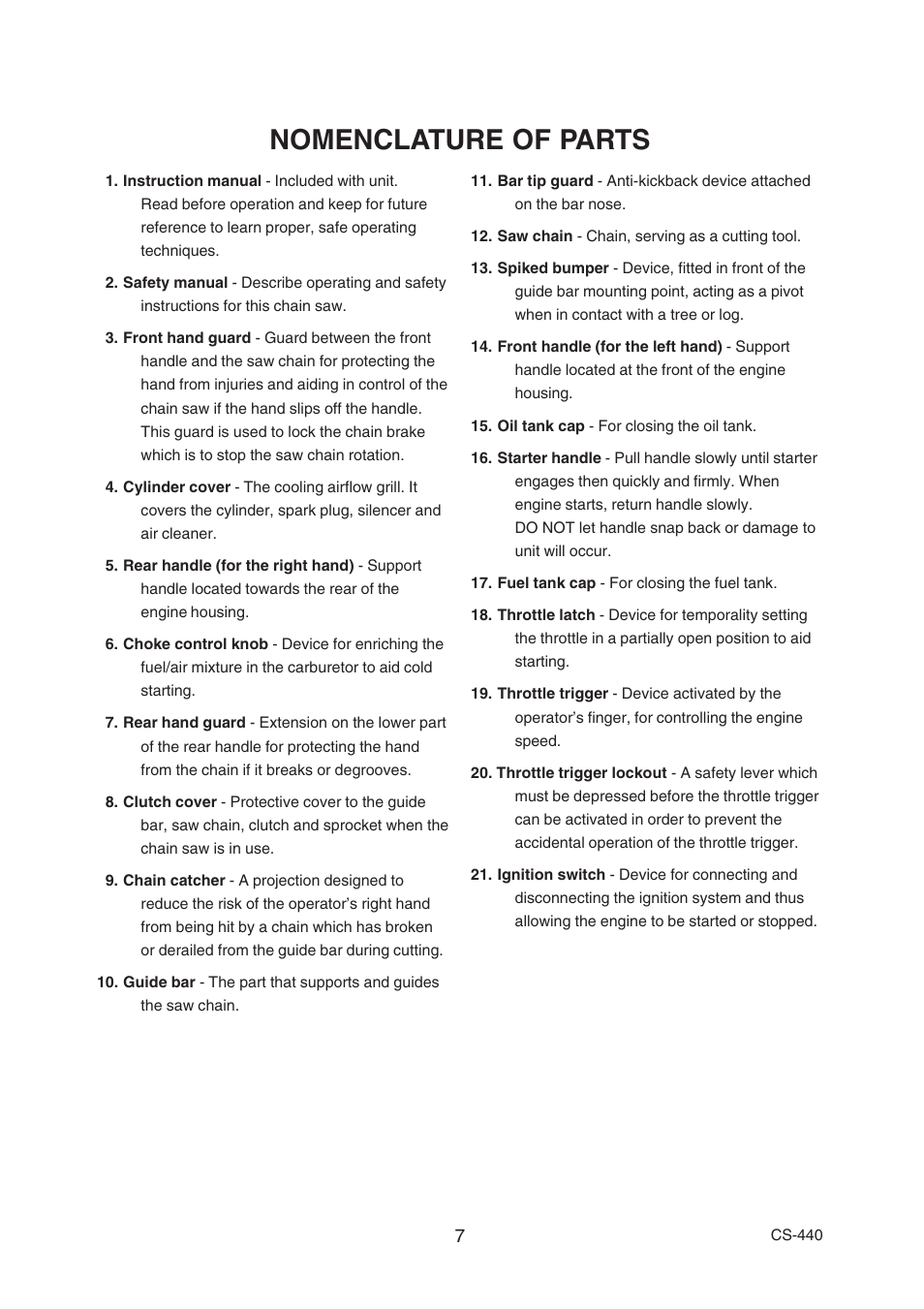 Nomenclature of parts | Echo CS-440 User Manual | Page 9 / 32