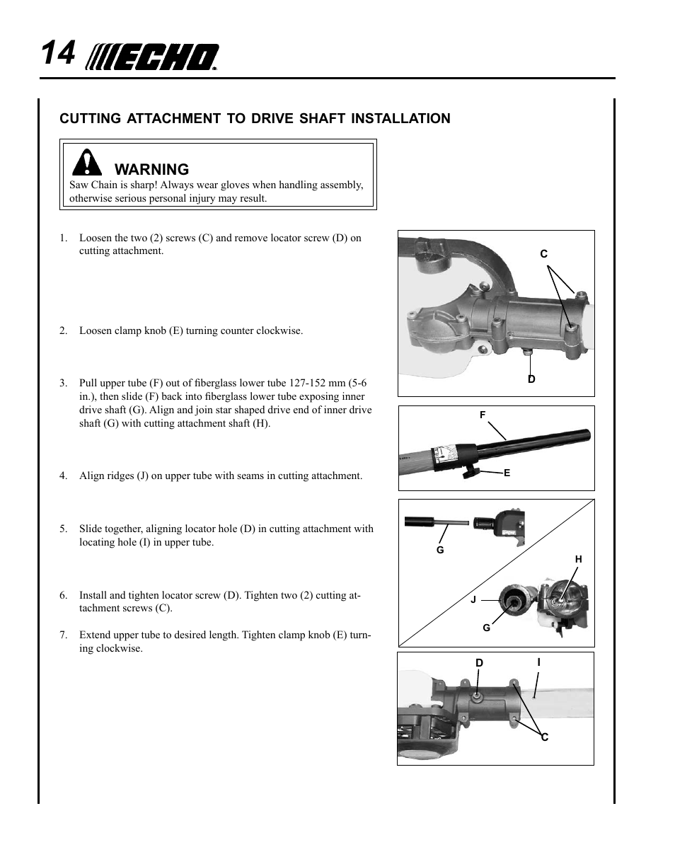 Cutting attachment to drive shaft installation | Echo PPT-280 User Manual | Page 14 / 40