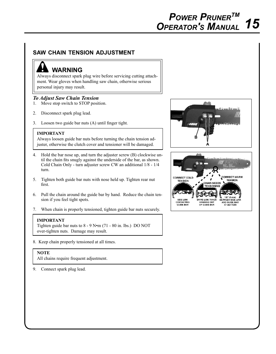 Saw chain tension adjustment, Ower, Runer | Perator, Anual | Echo PPT-280 User Manual | Page 15 / 40