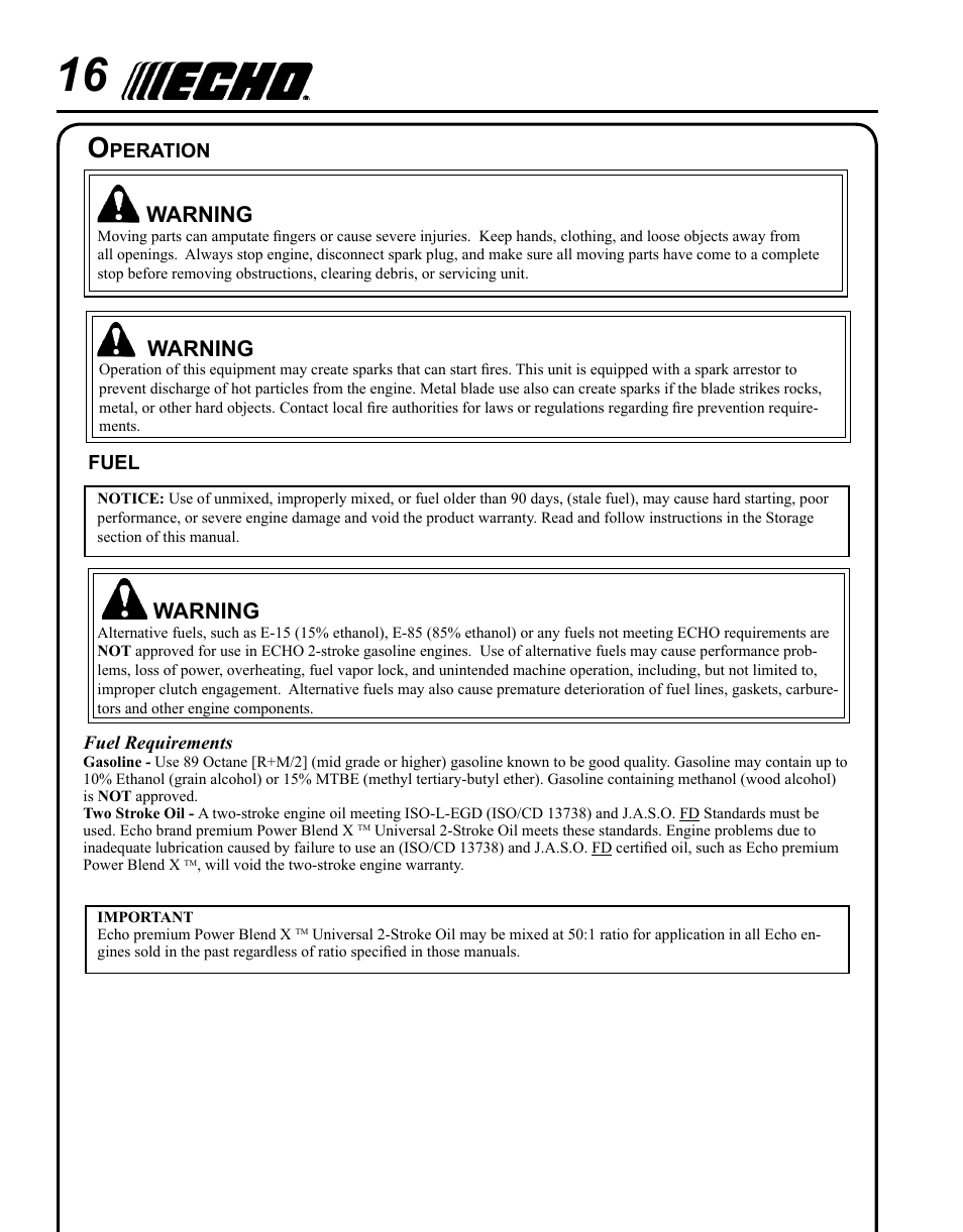 Operation, Fuel, Warning | Echo PPT-280 User Manual | Page 16 / 40