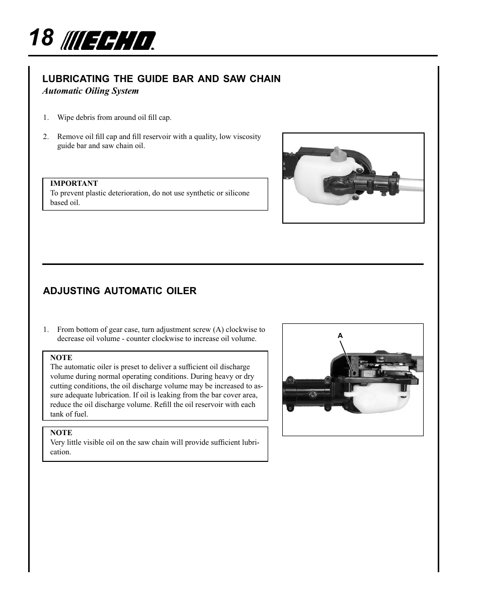 Lubricating the guide bar and saw chain, Adjusting automatic oiler | Echo PPT-280 User Manual | Page 18 / 40