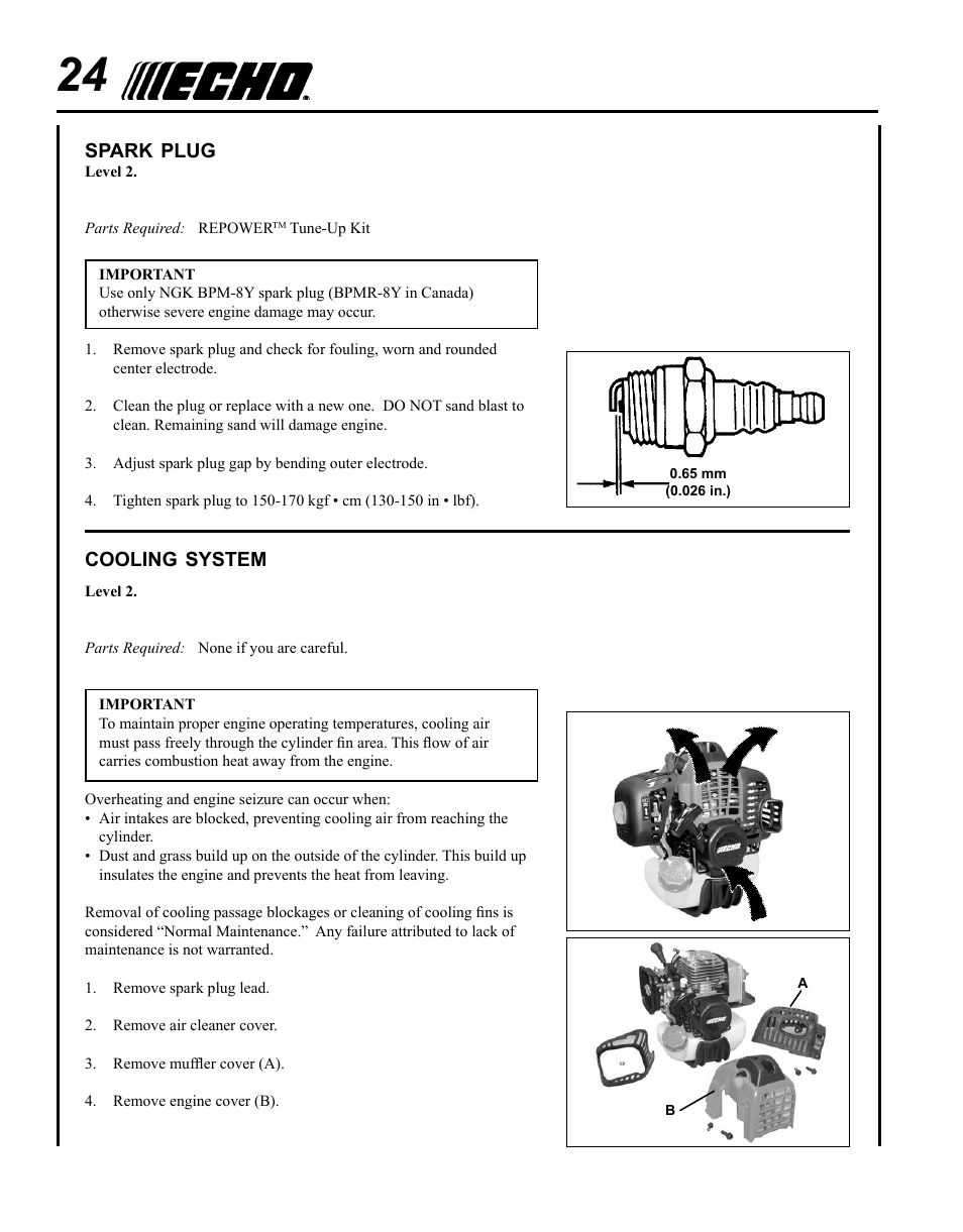 Spark plug, Cooling system | Echo PPT-280 User Manual | Page 24 / 40