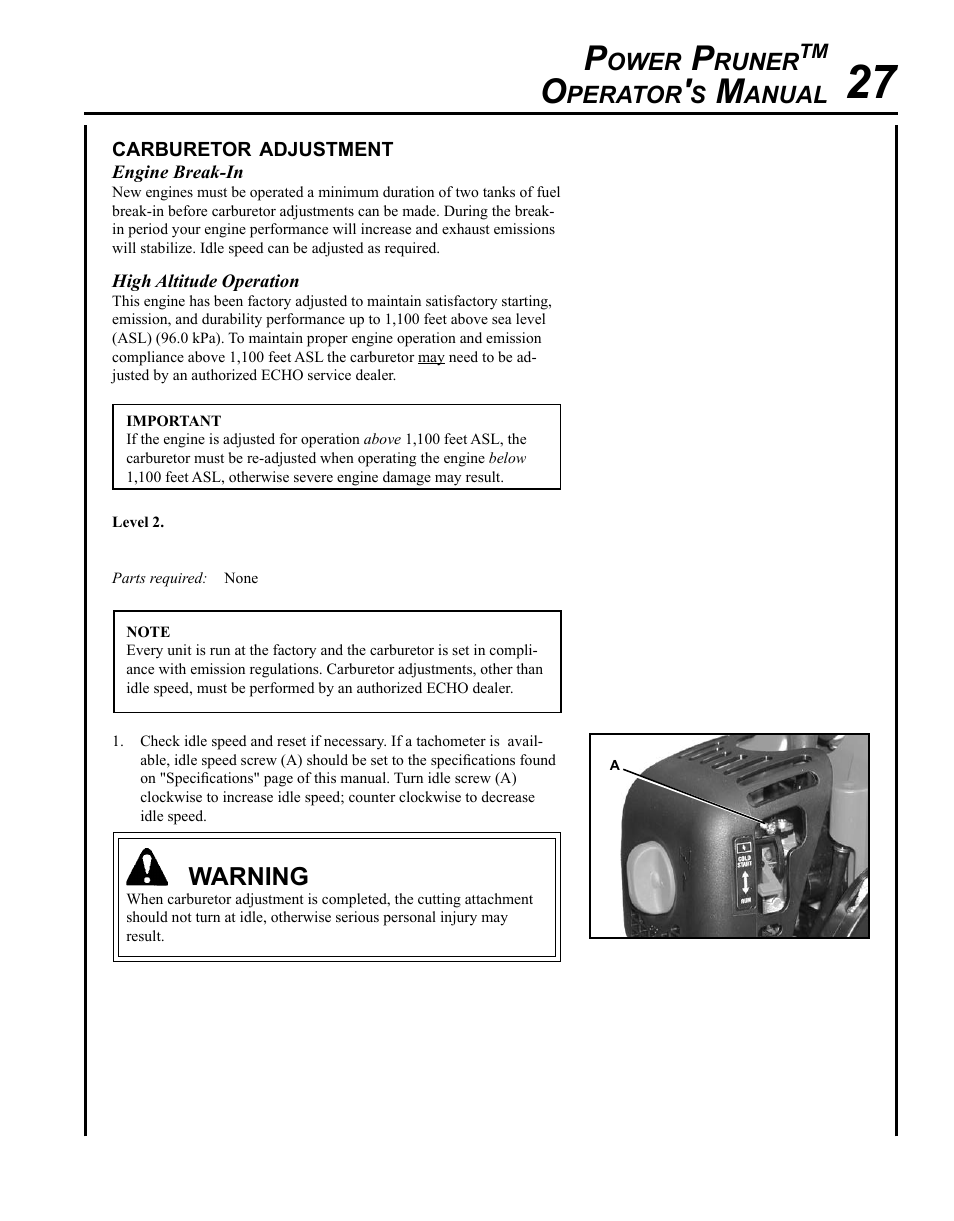 Carburetor adjustment, Ower, Runer | Perator, Anual, Warning | Echo PPT-280 User Manual | Page 27 / 40