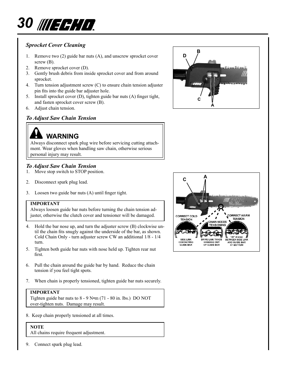 Guide bar and saw chain replacement, Warning | Echo PPT-280 User Manual | Page 30 / 40
