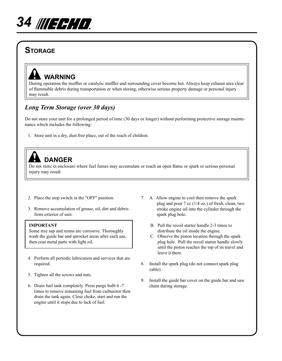 Troubleshooting, Warning, Long term storage (over 30 days) | Danger | Echo PPT-280 User Manual | Page 34 / 40