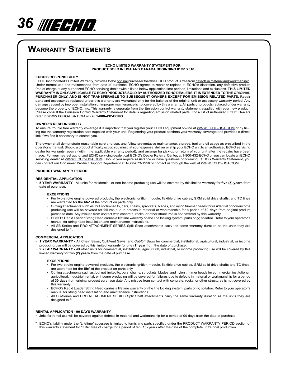 Specifications, Arranty, Tatements | Echo PPT-280 User Manual | Page 36 / 40