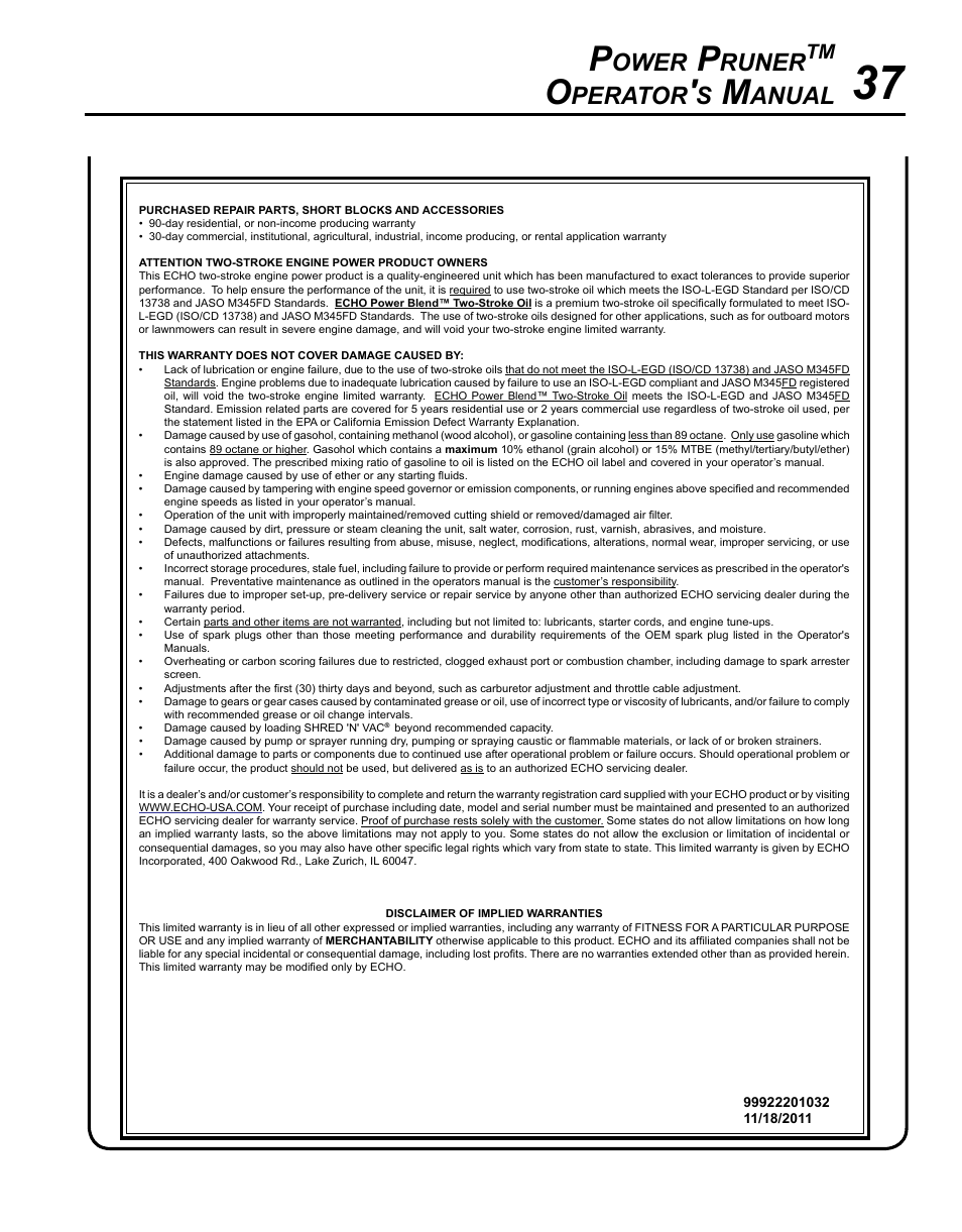 Warranty statements, Ower, Runer | Perator, Anual | Echo PPT-280 User Manual | Page 37 / 40
