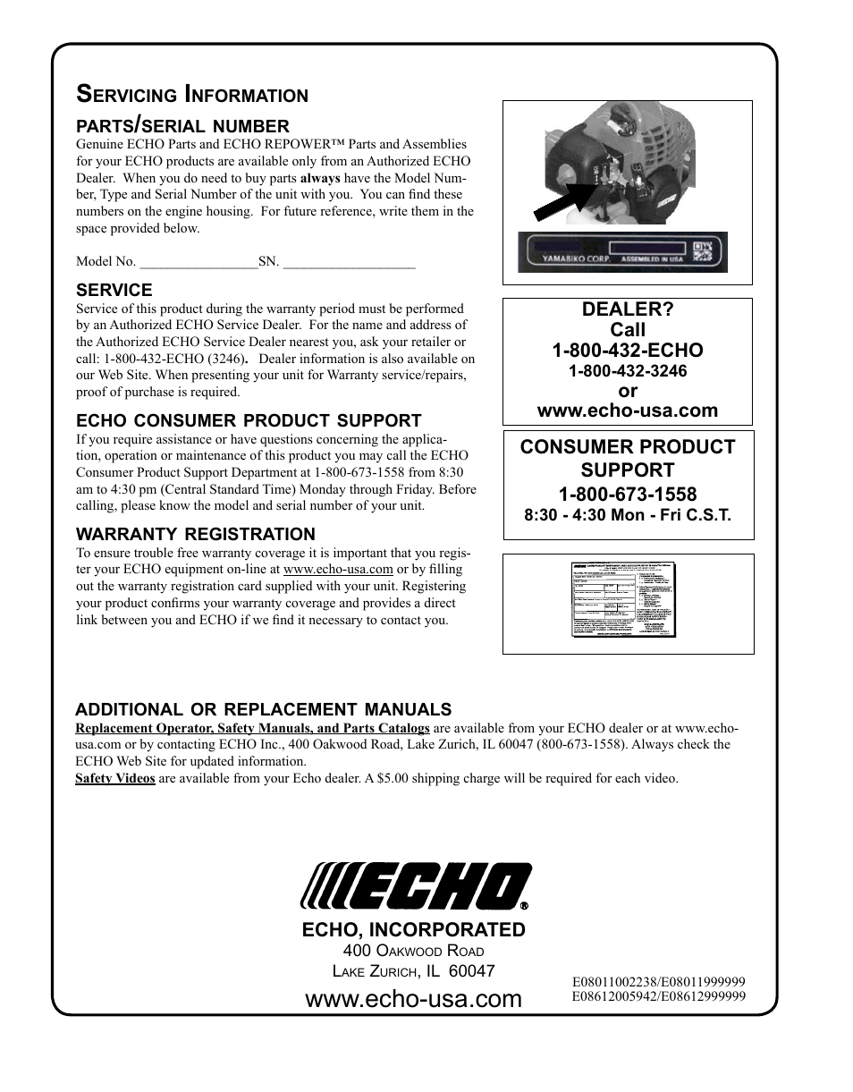 Servicing information | Echo PPT-280 User Manual | Page 40 / 40