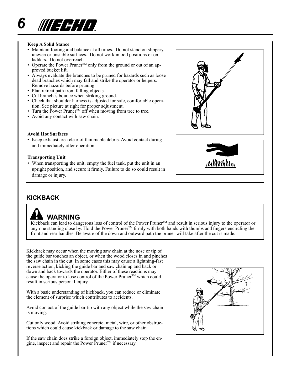 Warning, Kickback | Echo PPT-280 User Manual | Page 6 / 40