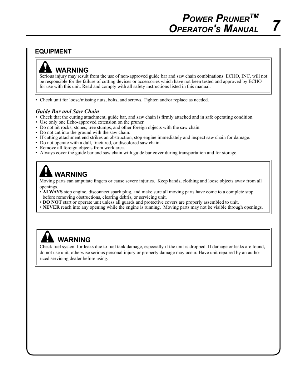 Ower, Runer, Perator | Anual | Echo PPT-280 User Manual | Page 7 / 40
