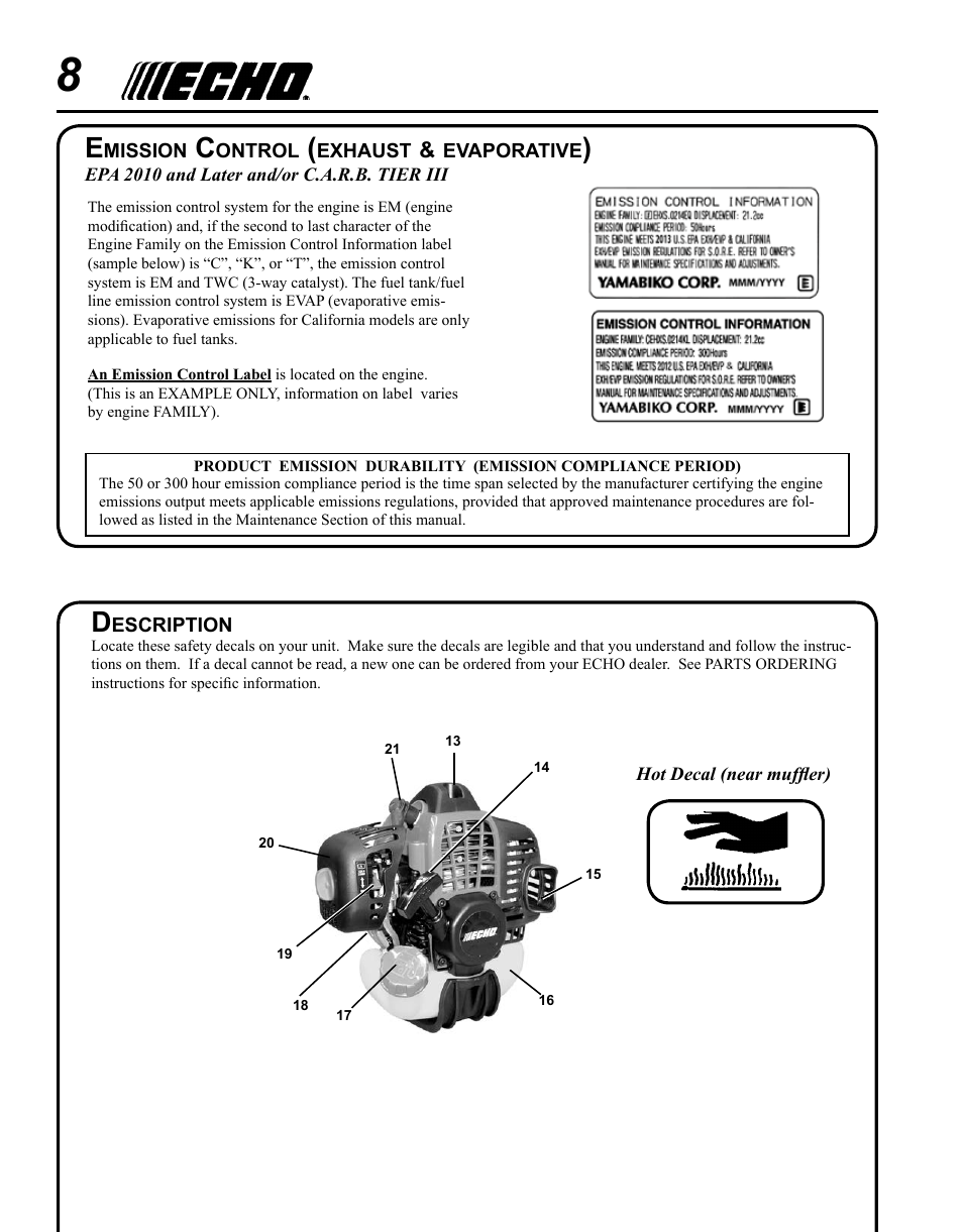 Emission control (exhaust & evaporative), Description | Echo PPT-280 User Manual | Page 8 / 40