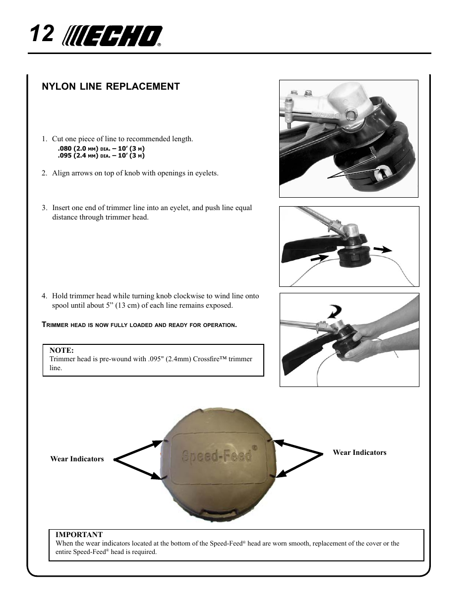 Nylon, Line, Replacement | Echo 99944200540 User Manual | Page 12 / 16
