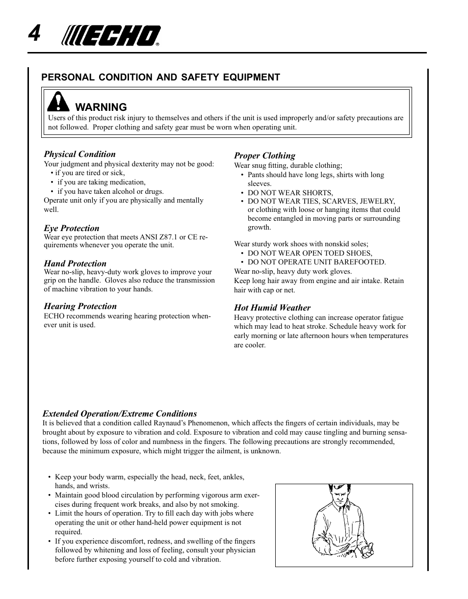 Warning | Echo 99944200540 User Manual | Page 4 / 16