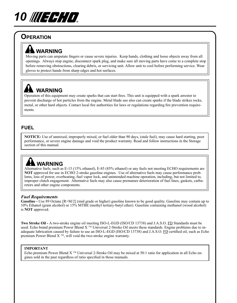 Operation, Fuel, Warning | Echo HC-235 User Manual | Page 10 / 32