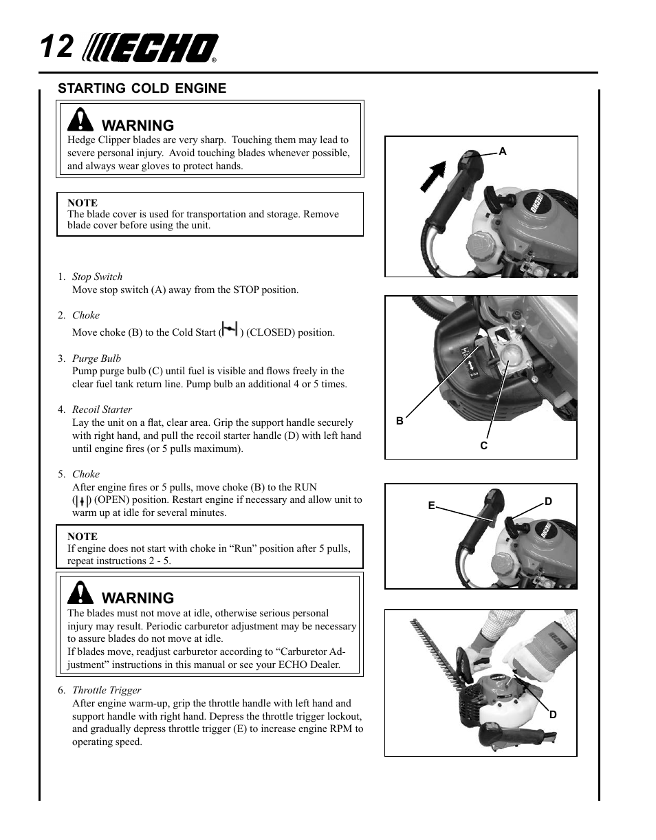 Starting cold engine, Warning | Echo HC-235 User Manual | Page 12 / 32