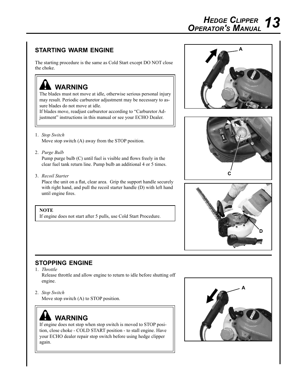 Starting warm engine, Stopping engine | Echo HC-235 User Manual | Page 13 / 32