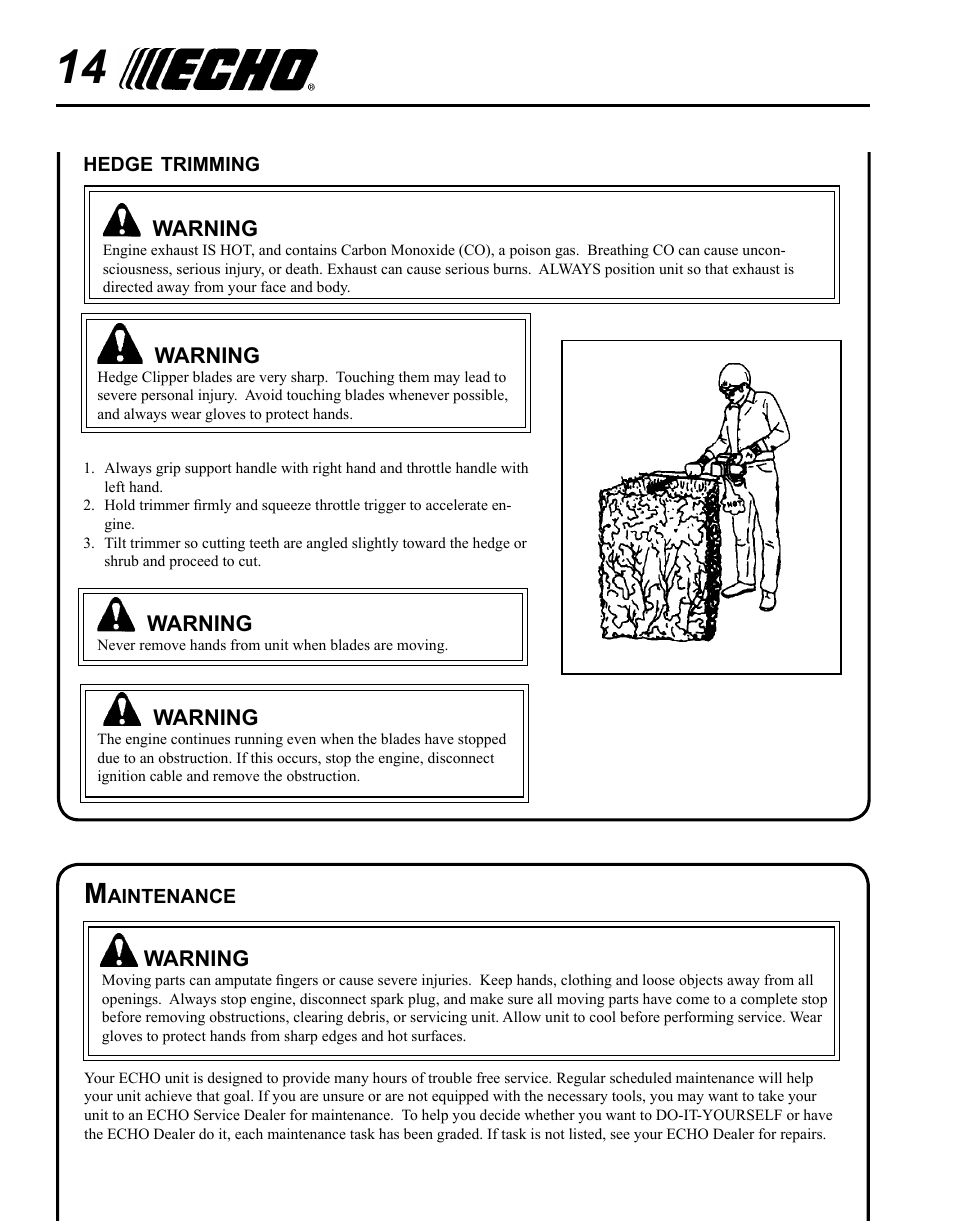 Hedge trimming, Maintenance | Echo HC-235 User Manual | Page 14 / 32