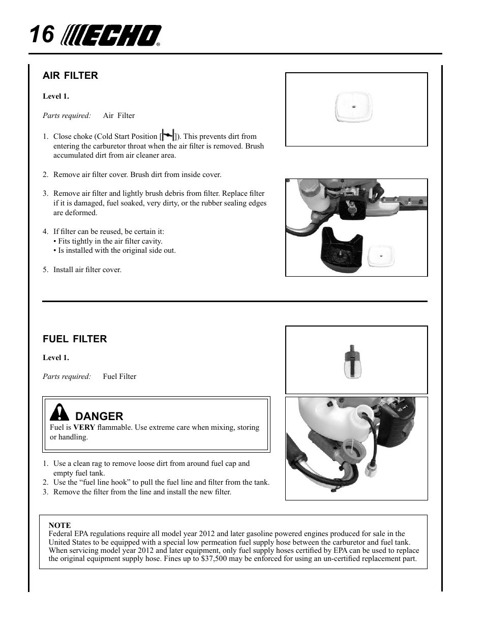 Air filter, Fuel filter, Danger | Echo HC-235 User Manual | Page 16 / 32
