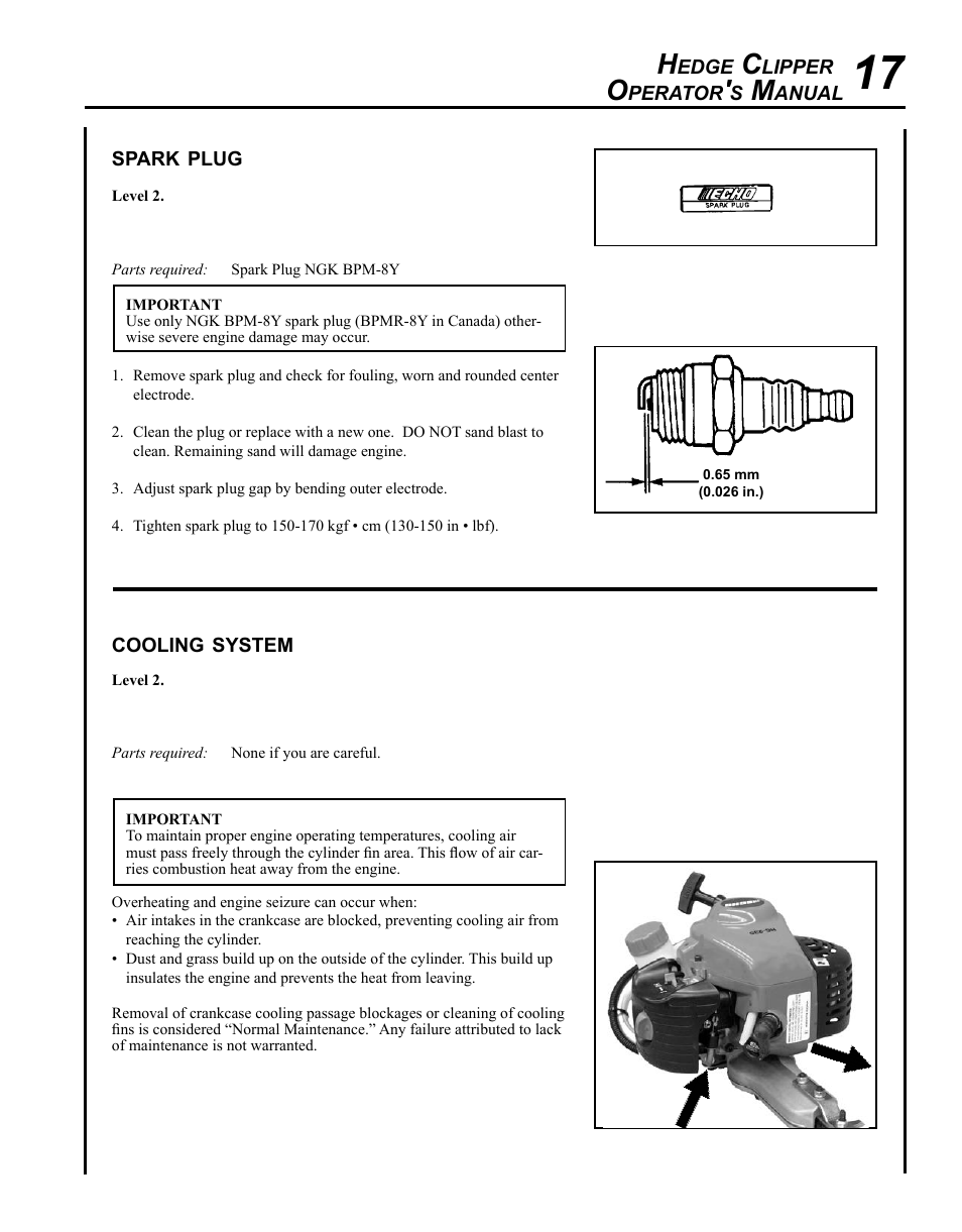 Spark plug, Cooling system | Echo HC-235 User Manual | Page 17 / 32
