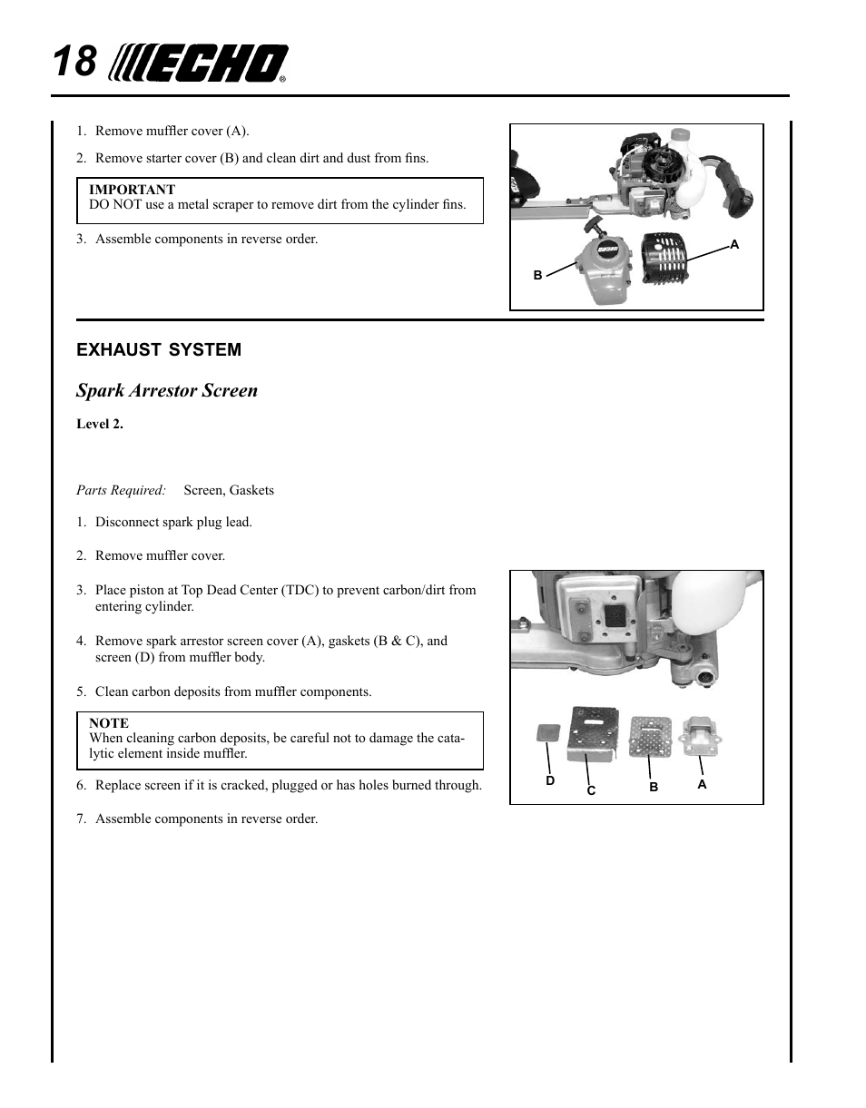 Exhaust system, Spark arrestor screen | Echo HC-235 User Manual | Page 18 / 32