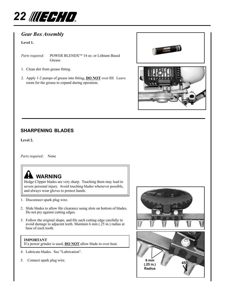 Sharpening blades, Warning, Gear box assembly | Echo HC-235 User Manual | Page 22 / 32