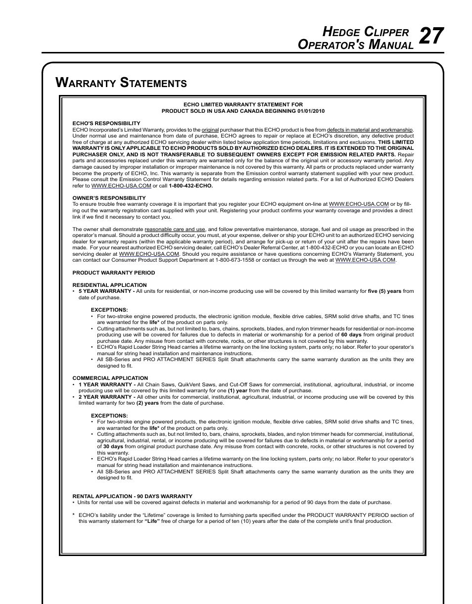 Warranty statements, Edge, Lipper | Perator, Anual, Arranty, Tatements | Echo HC-235 User Manual | Page 27 / 32