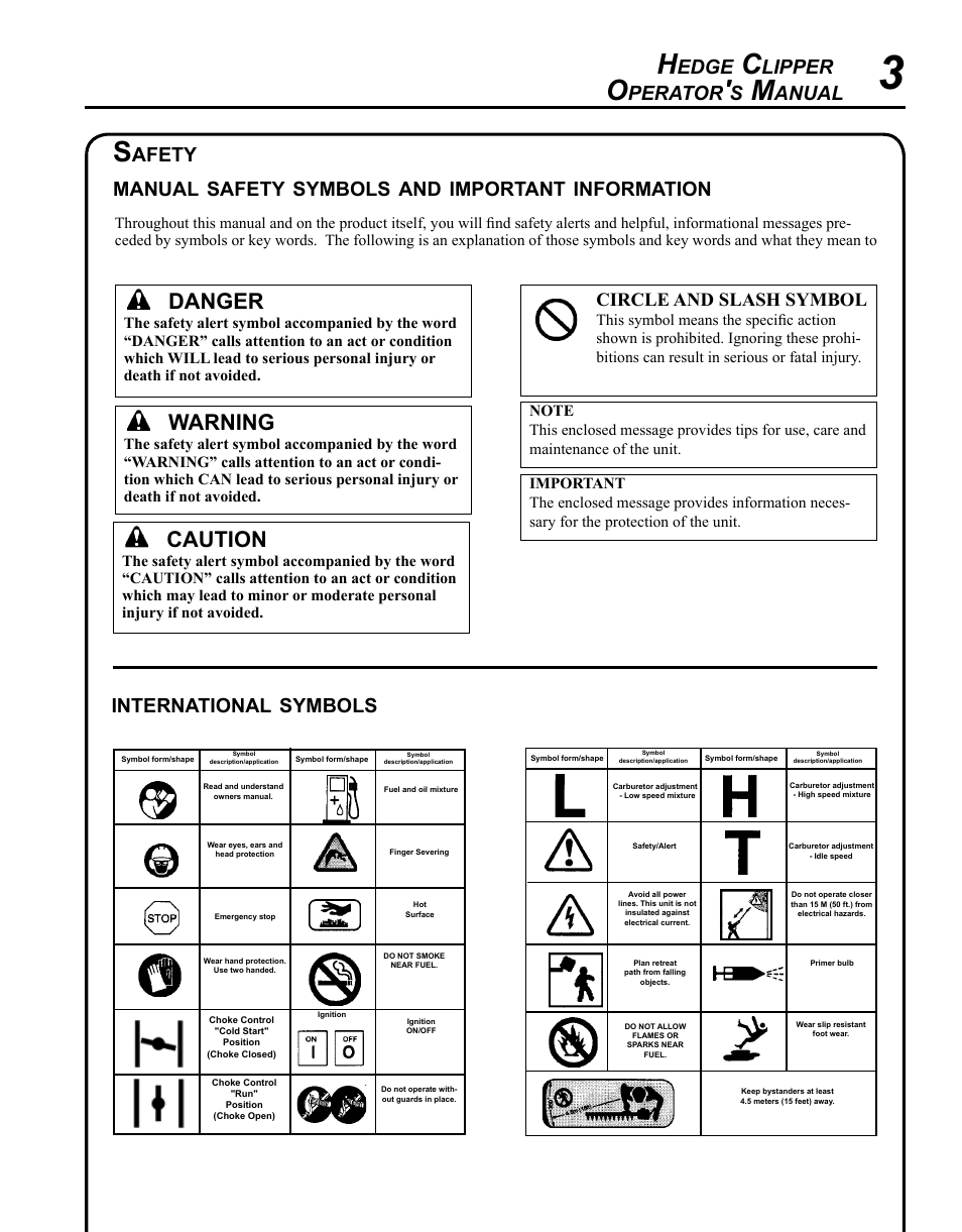 Safety, Caution, Warning | Danger, Edge, Lipper, Perator, Anual, International, Symbols | Echo HC-235 User Manual | Page 3 / 32