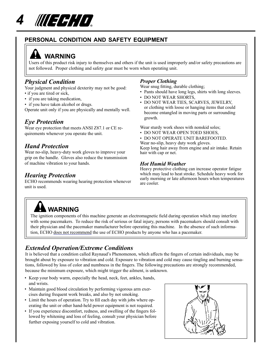 Physical condition, Eye protection, Hand protection | Hearing protection, Extended operation/extreme conditions, Warning | Echo HC-235 User Manual | Page 4 / 32