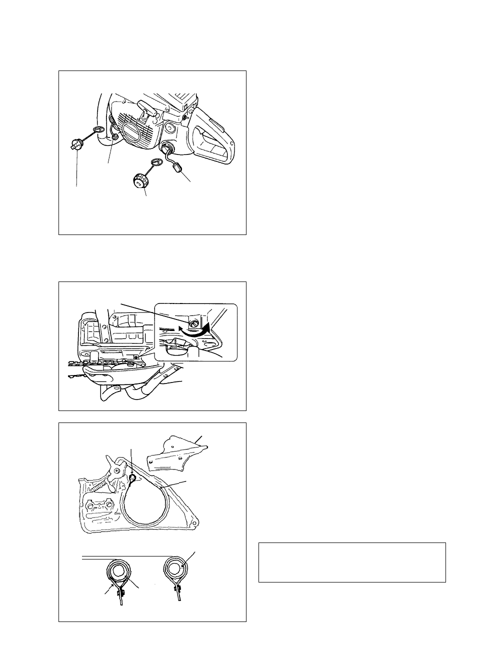 Fuel strainer, Oil strainer, Automatic oiler | Adjusting the chain brake | Echo CS-510 User Manual | Page 21 / 28