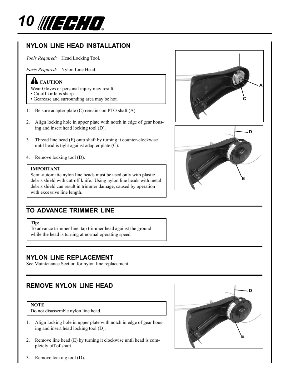 Nylon line head installation, To advance trimmer line, Nylon line replacement | Remove nylon line head | Echo SRM - 230S User Manual | Page 10 / 36