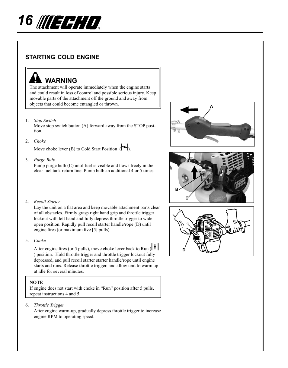 Starting cold engine, Warning | Echo SRM - 230S User Manual | Page 16 / 36