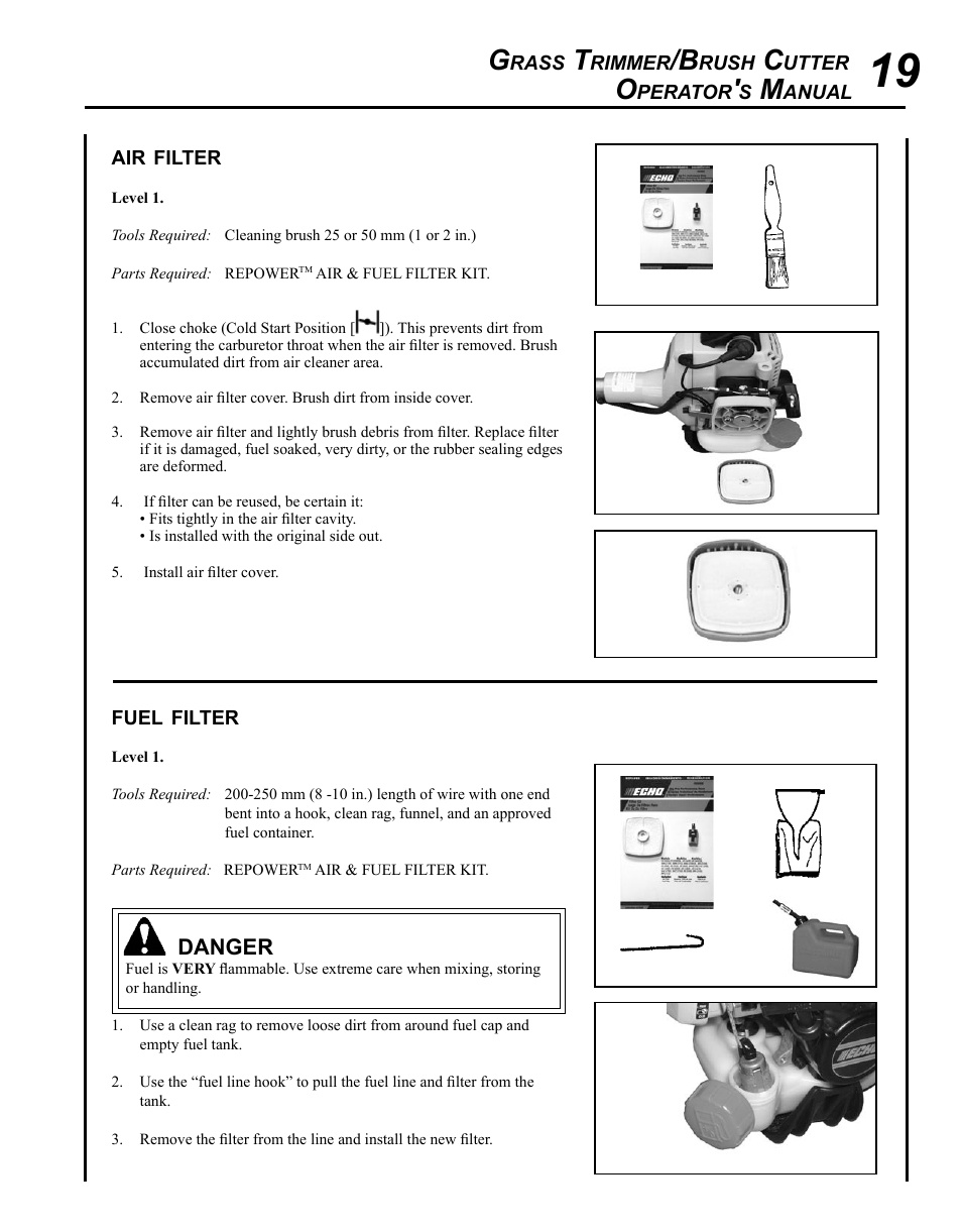 Air filter, Fuel filter | Echo SRM - 230S User Manual | Page 19 / 36