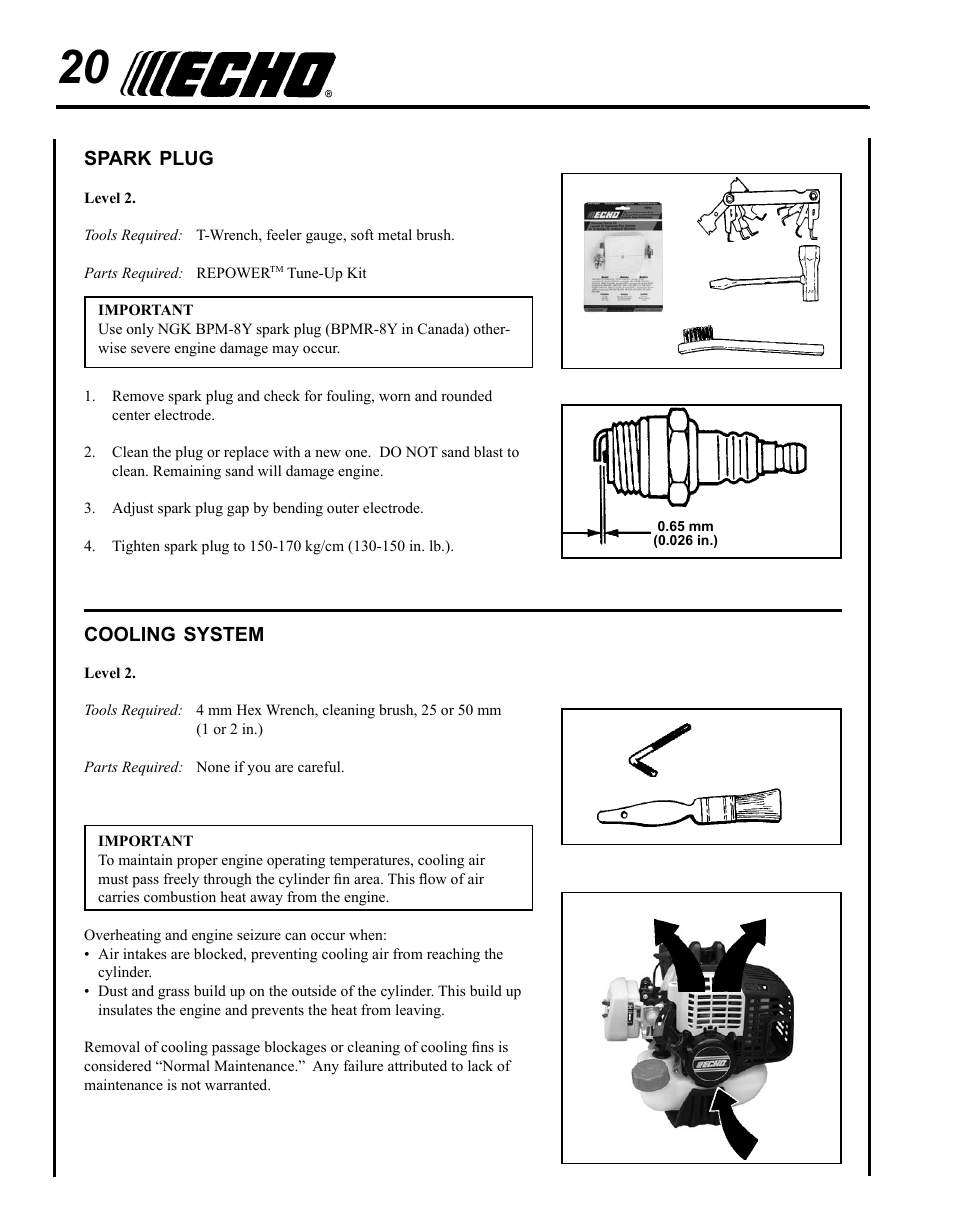 Spark plug, Cooling system | Echo SRM - 230S User Manual | Page 20 / 36