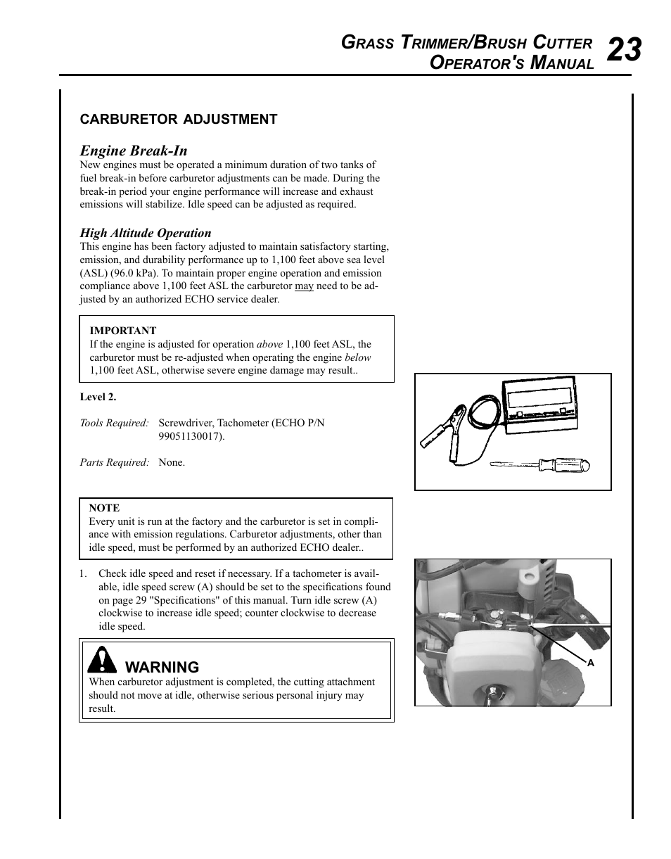 Carburetor adjustment | Echo SRM - 230S User Manual | Page 23 / 36
